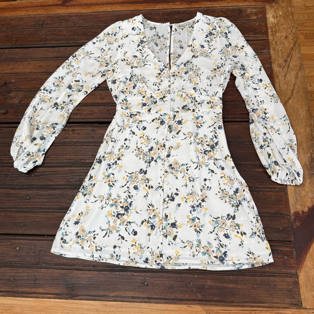 Abercrombie & Fitch Floral Long Sleeve Mini Dress White Blue Yellow Small